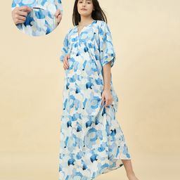 The Kaftan Company Cotton Woven Three Fourth Sleeves Abstract Printed Maternity Nighty With Concealed Zipper Nursing Access - Blue-picture-27