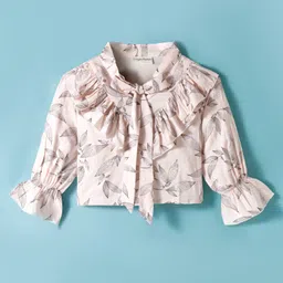CrayonFlakes Rayon Woven Full Sleeves Leaves Printed Top - Pink-picture-22