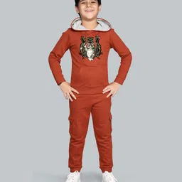 Plum Tree 100% Cotton Knit Full Sleeves Tiger Sequins Embellished Light Winter Hooded Sweatshirt & Cargo Joggers Set - Burnt Orange-picture-31