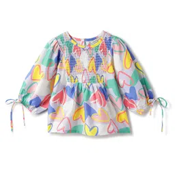 Tales & Stories Woven Three Fourth Puffed Sleeves Hearts Printed Top - Multi Colour-picture-10