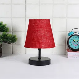 Devansh Maroon Jute Round Wood Black Table Lamp image 2