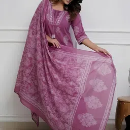 HERE&NOW Women Ethnic Motifs Printed Regular Aari Work Pure Cotton Kurta with Trousers & With Dupatta image 4