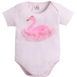 TINY MINY MEE Half Sleeves Glittery Swan Printed Onesie With Glittery Flared Skirt And Swan Tulle Headband - Pink image 4