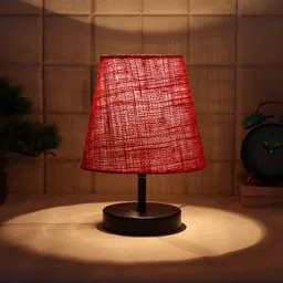 Devansh Maroon Jute Round Wood Black Table Lamp image 3