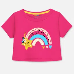 Trampoline Cotton Blend Pack Of 3 Half Sleeves Butterfly & Rainbow Printed Crop Tops - Multi Colour image 4