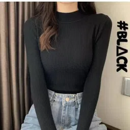 princ trend Women Solid High Neck Cotton Blend Black T-Shirt-picture-21