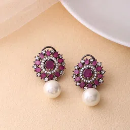 Shoshaa Silver-Plated & Pink Oxidised Drop Earrings image 1