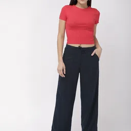 Go Colors Women Navy Blue Relaxed Fit Solid Parallel Trousers image 3