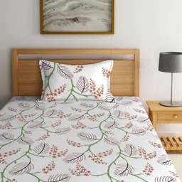 Myntra Elegant Homes White & Orange Floral 300 TC Single Bedsheet with 1 Pillow Covers-picture-26