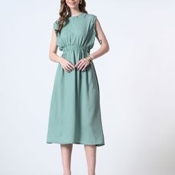 BAESD Women Solid Gathered or Pleated Round Neck Fit & Flare Midi Dress-picture-18