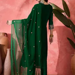 Sangria Floral Embroidered V-Neck Sequinned A-Line Kurta With Trousers & Dupatta image 2