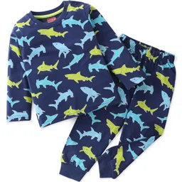 Babyhug Single Jersey Full Sleeves Night Suit Sharks Print - Navy Blue image 1