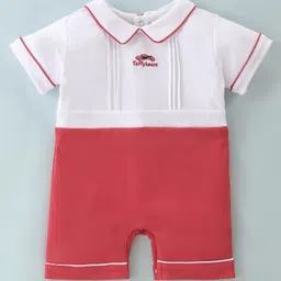 ToffyHouse Cotton Half Sleeves Romper with Branding Embroidery - Red & White-picture-22