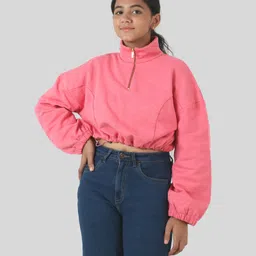 tweeny mini Cotton Full Sleeves Solid Zipper Sweatshirt - Raspberry Pink image 1