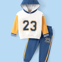 Babyhug Cotton Knit Full Sleeves Hooded T-Shirt & Lounge Pants Set With Number Print - White & Blue-picture-21