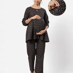 Ikk Kudi by Seerat Cotton Woven Three Fourth Sleeves Motif Printed Peplum Top With Zipper Nursing Access & Pant Set - Black-picture-33