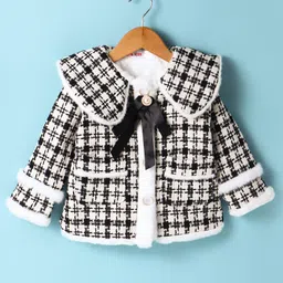 Kookie Kids Full Sleeves Checkered Fur Winter Jacket With Knot Detailing - Black & White-image-95