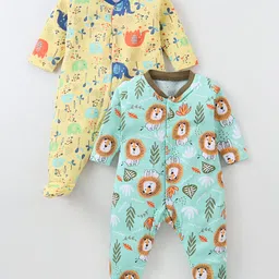 OHMS Single Jersey Knit Full Sleeves Animal Printed Sleep Suits Pack of 2 - Yellow & Light Blue-picture-13