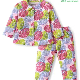 Babyoye Eco Conscious 100% Cotton Knit Full Sleeves Night Suit with Leaves Print - White-picture-14