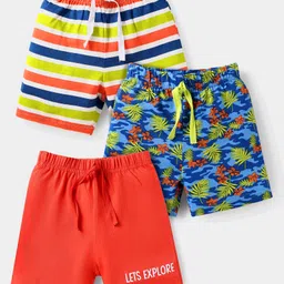 Babyhug Cotton Knit Mid Thigh Length Shorts with Tropical Theme Print & Stripes Pack of 3 - Red Blue & Light Green-image-80