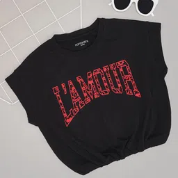 Pantaloons Junior Short Sleeves L Amour Text Printed Top - Black-picture-13