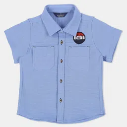 INFINITY Cotton Woven Half Sleeves Patch Embroidered Shirt - Blue-picture-16