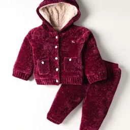 Yellow Apple Knitted Full Sleeves Front Open Hooded Solid Sweater Set - Maroon-picture-28