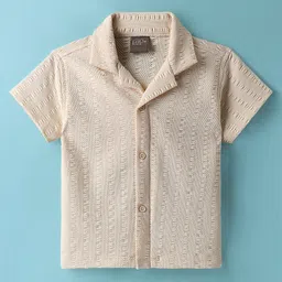 Little Kangaroos Cotton Woven Half Sleeves Solid Color Textured Shirt - Off White-picture-10