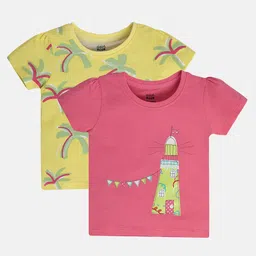 MINI KLUB Cotton Knit Pack Of 2 Half Sleeves Palm Trees & Light House Printed Tees - Multi Colour-picture-34