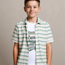 CAVIO Cotton Woven Half Sleeves Striped Shirt & Tee Set - Green-picture-28
