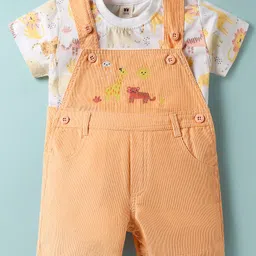 ToffyHouse Corduroy Woven Half Sleeves T-Shirt & Dungaree with Animal Embroidery and Print - Orange & White-picture-20