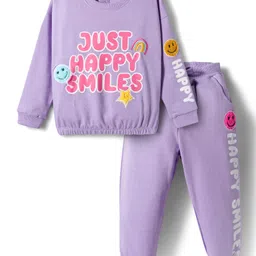Babyhug Terry Knit Full Sleeves Top & Joggers Set with Just Happy Smiles Text Print - Lavender-picture-14