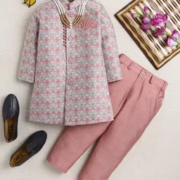 Ahhaaaa Viscose Woven Full Sleeves Leaves Embroidered Sherwani & Pant With Mala Set - Pink-picture-21