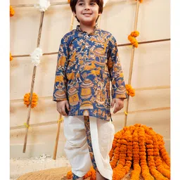 AJ Dezines Cotton Woven Full Sleeves Farm & Animals Printed Kurta Dhoti Set - Blue-picture-13
