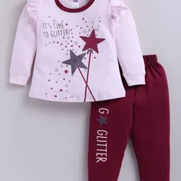 Nottie Planet Cotton Knit Full Sleeves Its Time To Glitter Text Printed Top & Pant Set - Pink-picture-17