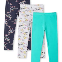 Ariel Cotton Knit Pack Of 3 Solid & Animals Printed Leggings - Navy Blue Grey & Turquoise Blue-picture-10