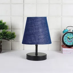 Devansh Blue Jute Round Wood Black Table Lamp image 2