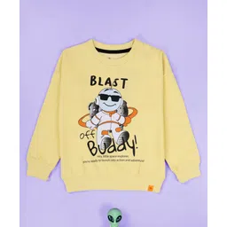 Kiddopanti Fleece Knit Full Sleeves Blast Off Buddy Text Printed Light Winter Sweatshirt & Track Pants Set - Yellow & Black image 3