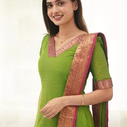 Snofi Creation Women Woven Design V-Neck Jacquard Kurta With Dupatta image 3