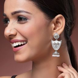 KARATCART Silver Plated Kundan Studded Contemporary Drop Earrings-picture-3