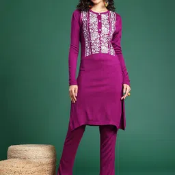 Sangria Floral Printed Band Collar Kurta with Trousers image 4