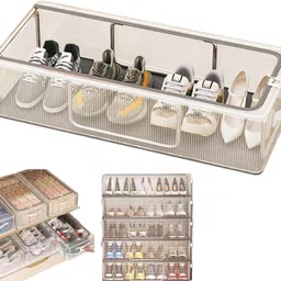 Jukkre Underbed Shoe Storage Box – Large Capacity, Foldable Organizer with Steel Frame Support & Transparent Mesh – Holds 4-5 Pairs | Dustproof | Breathable | Durable Handles image 1