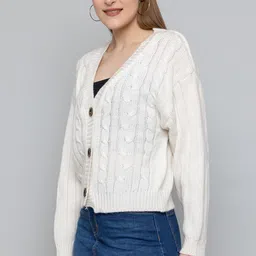 style dusk Women Knitted Regular Fit V Neck Full Sleeve Self Design Solid Winter Wear Woolen Cardigan Sweater image 4
