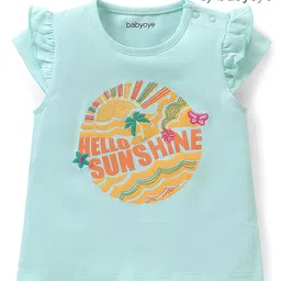 Babyoye  Cotton Lycra Knit Half Sleeves T-Shirt with Frill Detailing & Text Print - Blue-image-24