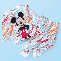 Babyhug Disney Single Jersey Full Sleeves Night Suit with Mickey Mouse Print - White-image-74