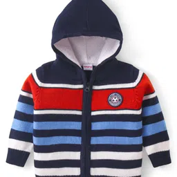 Babyhug Knitted Full Sleeves Striped Hooded Front Open Sweater- Multicolor-picture-34