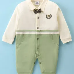 Mini Taurus Cotton Knit Full Sleeves Solid Colour Romper with Bow Applique - Green-image-34