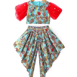 lil' drama Lil Drama Half Balloon Sleeves Floral Printed & Lace Embellished Top & Dhoti Set - Blue-picture-27
