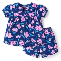 Babyhug Cotton Knit Half Sleeves Floral Printed Shorts Night Suit - Navy Blue-picture-25