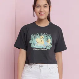 Lil Tomatoes Cotton Jersey Half Sleeves Ducks Printed Top - Charcoal-picture-12